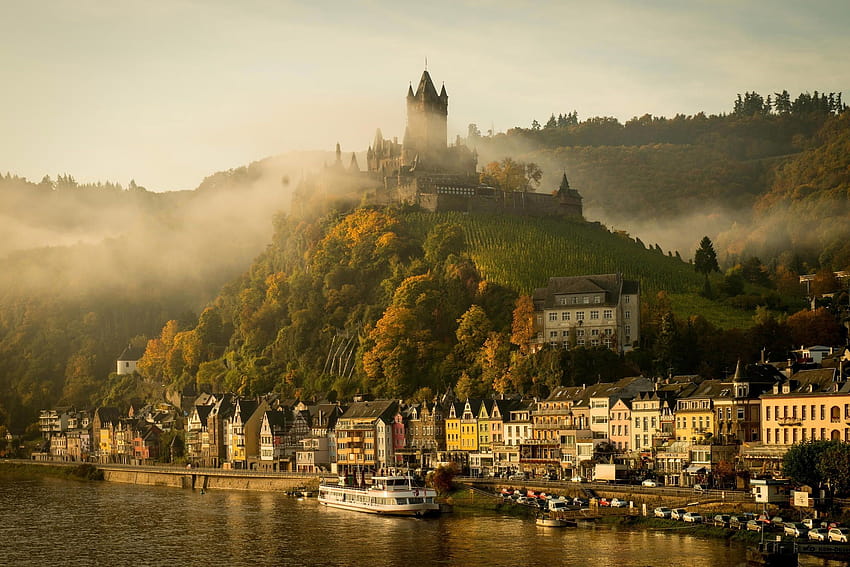 fall season, hills, town, autumn, river, moselle ::, autumn town HD wallpaper