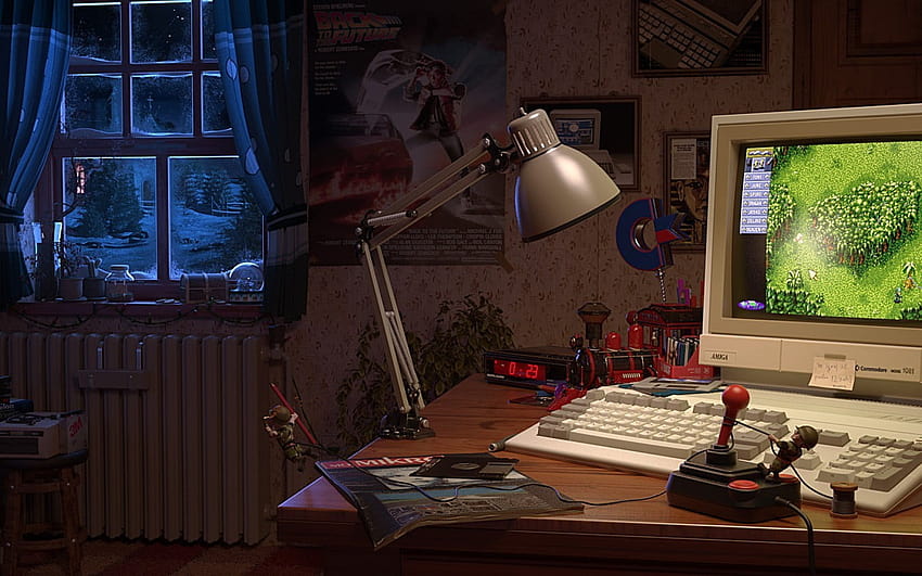 grauer CRT-Computermonitor, Amiga, Retro-Spiele, Fenster, Joystick • Für Sie Für & Mobil, gemütliche Träume HD-Hintergrundbild