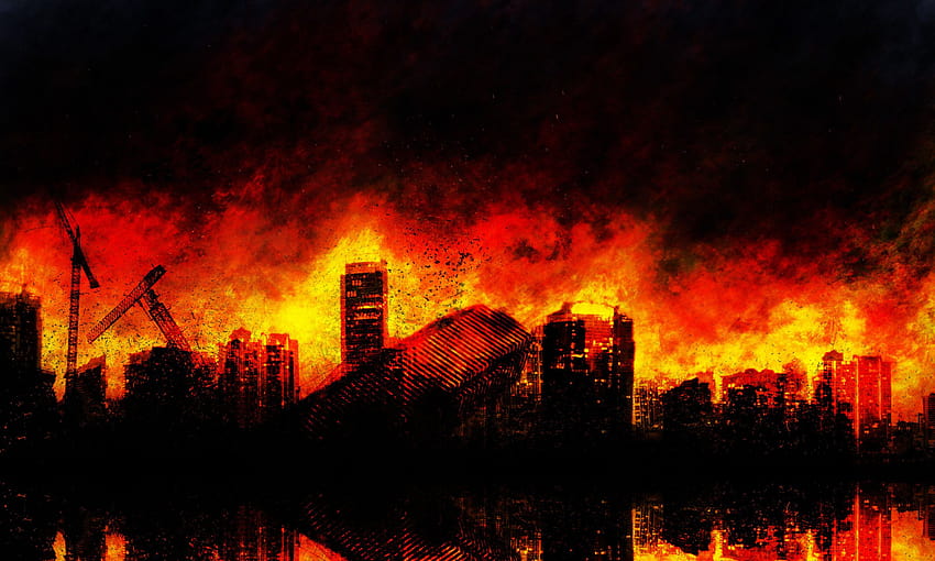 Hãy cùng ngắm nhìn hình nền anime về một thành phố bị cháy đổ mang đầy tính chất nghệ thuật. Những ngọn lửa cuồn cuộn và những khối đá xám tro bụi đan xen trong nhau sẽ khiến bạn như đang bước vào một thế giới hoàn toàn mới.