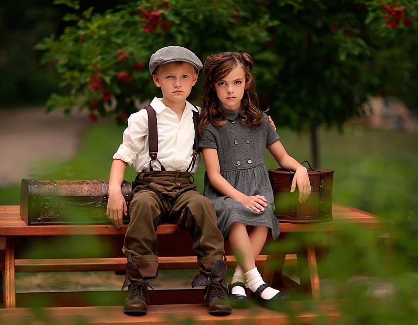 Little girls Boys Bokeh child 2 antique sit Bench HD wallpaper