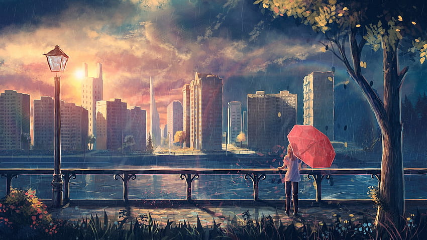 Frau mit Regenschirm und Blick auf Gebäudemalerei, Frau mit rosafarbenem Regenschirm und Beobachtung des Gewässers und der Gebäude • Für Sie, Regenschirmfrauen HD-Hintergrundbild