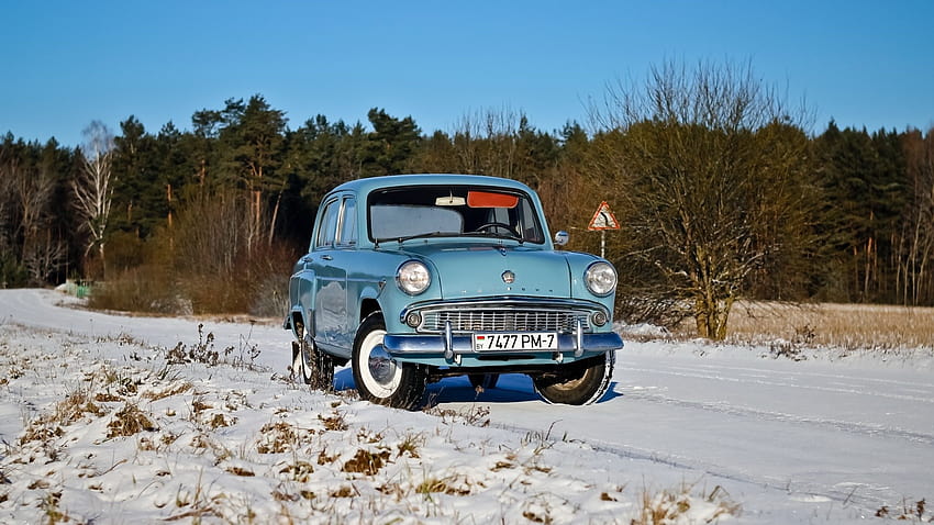 : blue cars, snow, winter, Moskvich, Russian cars, Vintage car, Jeep, land vehicle, automobile make, motor vehicle, antique car, city car, off roading, off road vehicle 1920x1080, blue vintage winter HD wallpaper