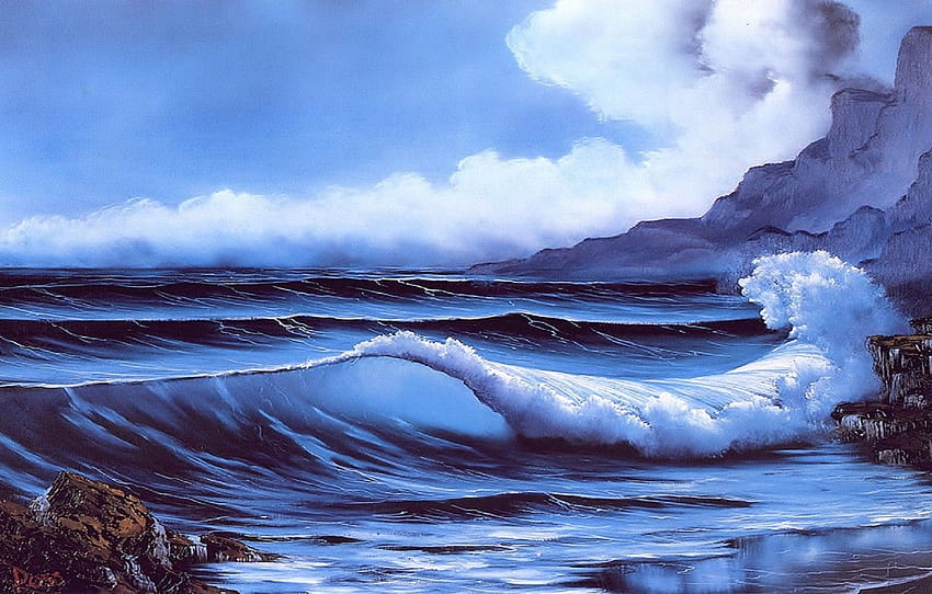 laut, pantai, langit, air, awan, batu, bebatuan, pantai, ombak, lukisan, Bob Ross, Pantai Terpencil, bagian живопись Wallpaper HD