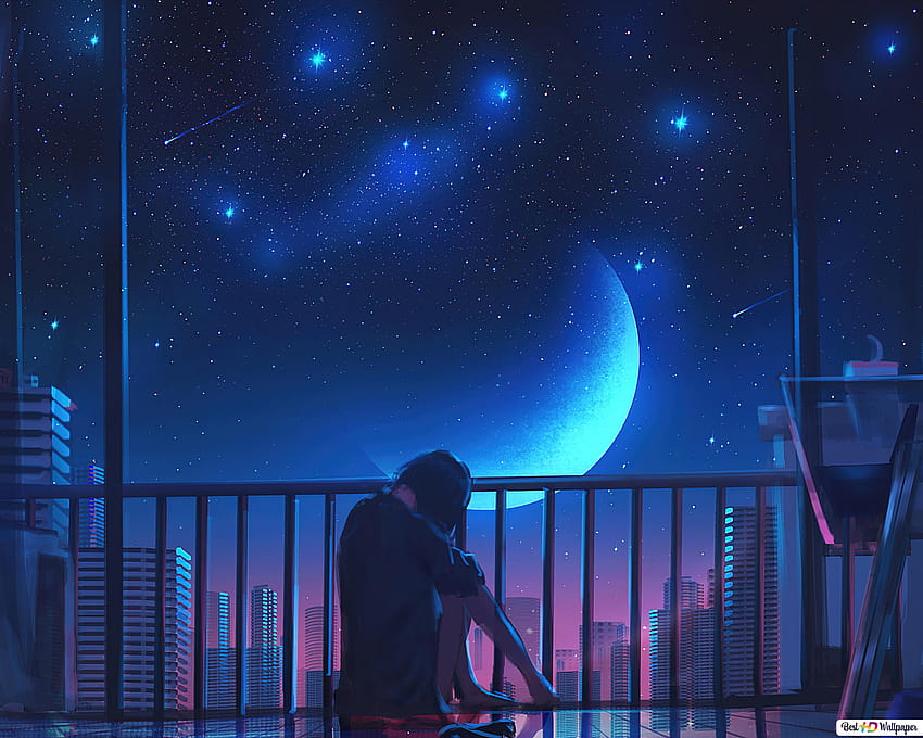 Lonely Girl Alone in Moon Night, moon anime pc HD wallpaper
