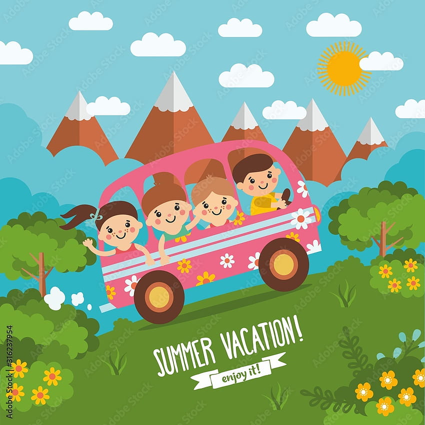 Pemandangan kartun mengagumkan dengan anak-anak bepergian yang lucu di dalam bus. Ilustrasi musim panas dengan langit biru, pegunungan, padang rumput hijau, hutan dan bunga. Anak-anak bahagia berlibur. Stock Vector, kartun musim panas anak-anak wallpaper ponsel HD