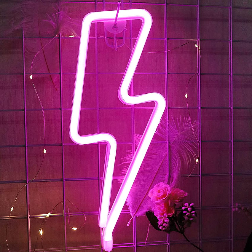 ネオンライト、ピンクのライトニングボルトネオンサイン ピンクの部屋の装飾用 USB/バッテリー駆動のLEDライトサイン ラマダンルームの装飾用 LEDサイン 美的要素 寝室 ハロウィン用 HD電話の壁紙