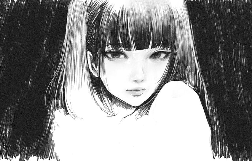 viso, bianco e nero, frangia, ritratto di una ragazza, disegno a matita, di Wataboku , sezione arte, anime femminile in bianco e nero Sfondo HD