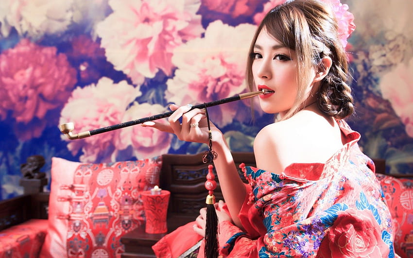 : women, red, Asian, smoking, singing, opium pipe, color, flower, beauty, festival, tradition 2560x1600 HD wallpaper