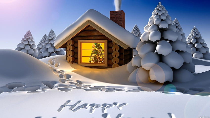 Cabin in the snow, happy new year snow HD wallpaper