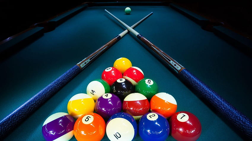 Pool table, cues, billiard balls, snooker table HD wallpaper
