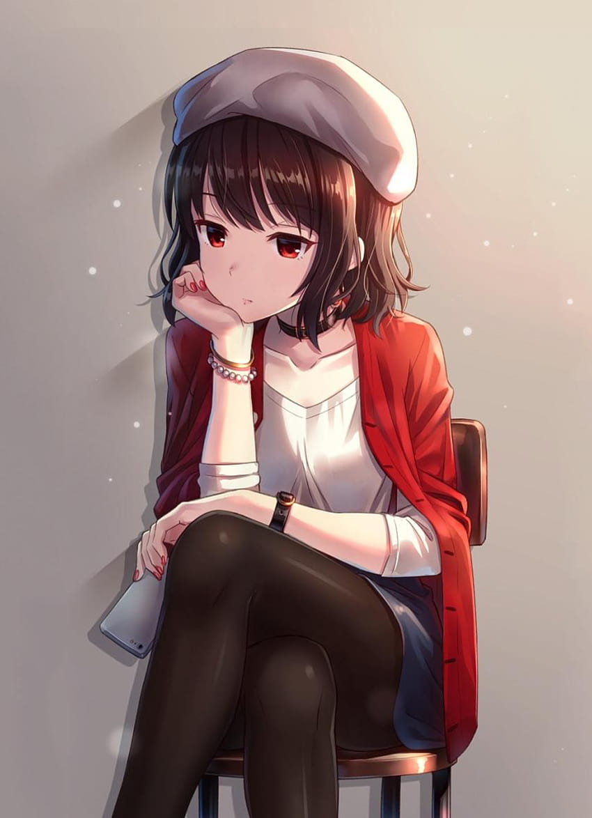 anime girl with dark brown hair and red eyes