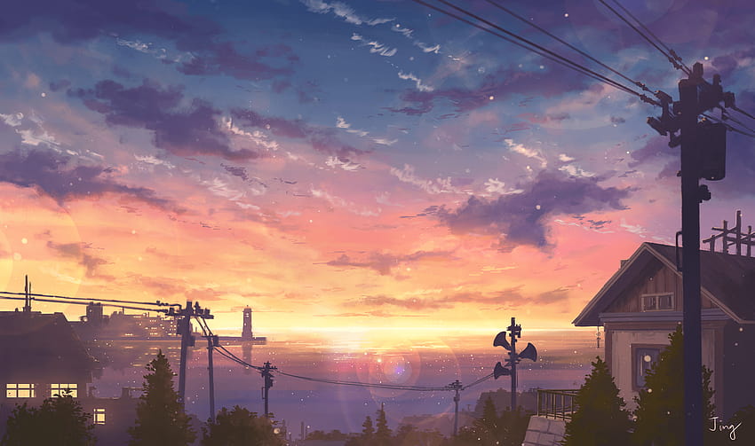 Sunset, Town, Ocean and backgrounds, sunset ocean anime HD wallpaper