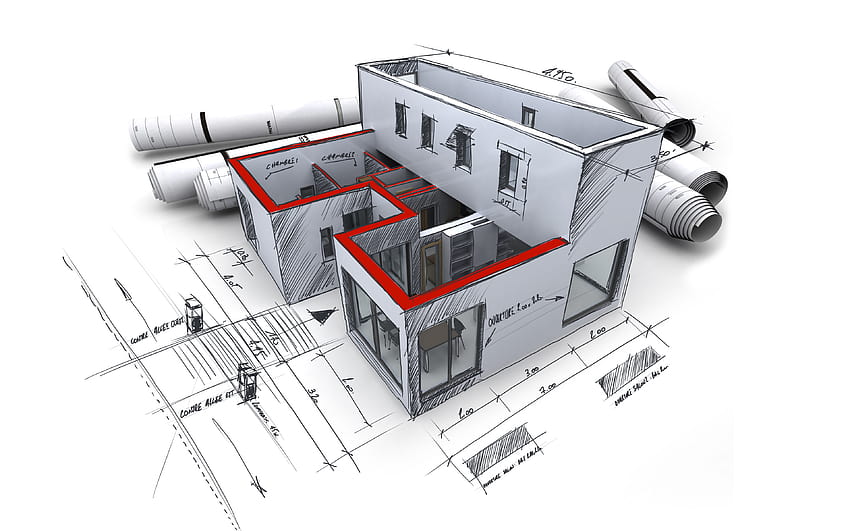 Hauszeichnung, Architektenkonzepte, 3D-Zeichnung, Ingenieurwesen, Hausdesign, Architektur mit einer Auflösung von 3840x2400. Hochwertige technische Zeichnung HD-Hintergrundbild