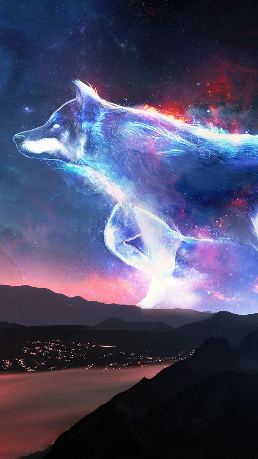 750x1334 lobo, montañas, fantasía, cielo, arte, anime lobo alfa fondo de pantalla del teléfono