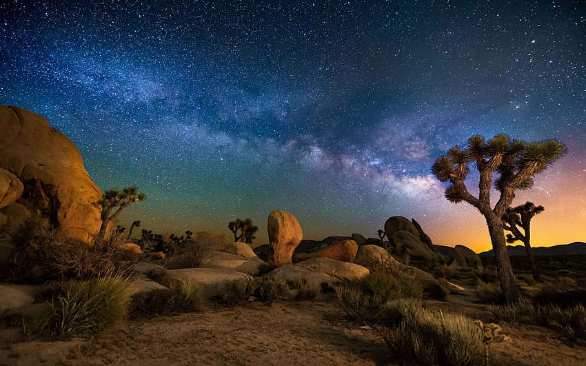 별이 빛나는 하늘 사막 지역의 밤 조슈아 트리 국립 공원 캘리포니아 우사 와… HD 월페이퍼