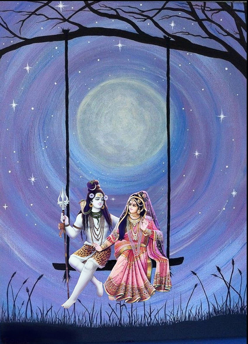 Lord Shiva y Parvati tienen un swing en la pintura de arte creativo, lindo shiva fondo de pantalla del teléfono