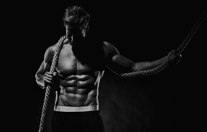 pose, black & white, rope, the cable, muscle, muscle, black and white, press, workout, workout, bodybuilder, abs, bodybuilder, Crossfit , section мужчины, black gym HD wallpaper