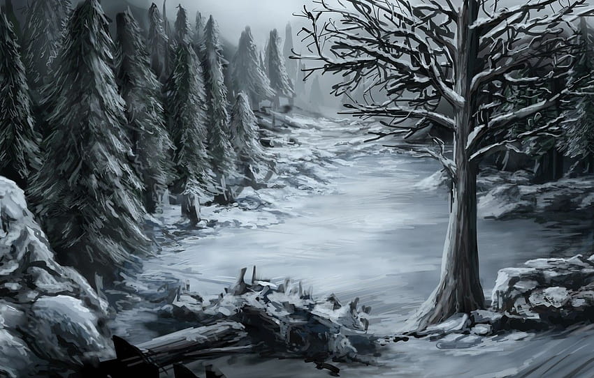 cold, winter, forest, snow, nature, stones, tree, art , section живопись, winter drawing HD wallpaper