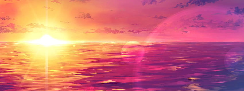ピンクの夕日の背景、夕日の海のアニメ 高画質の壁紙