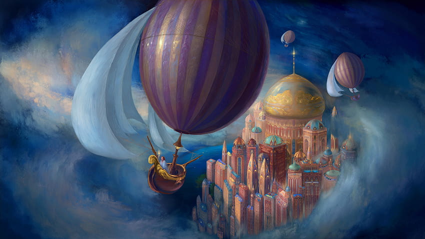 Hot Air Balloon over Fantasy World Art, hot air balloon fantasy HD wallpaper