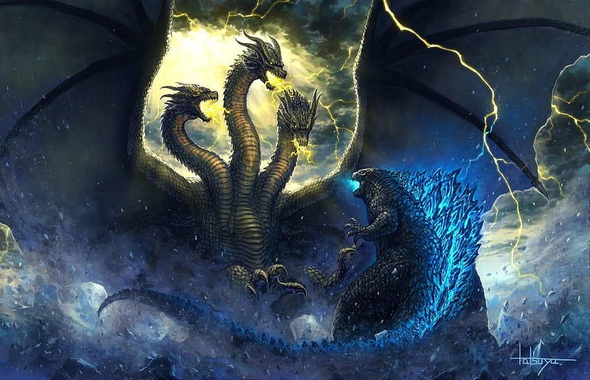 Годзила срещу крал Гидора в Бурята от MissSaber444, дракони срещу Годзила HD тапет