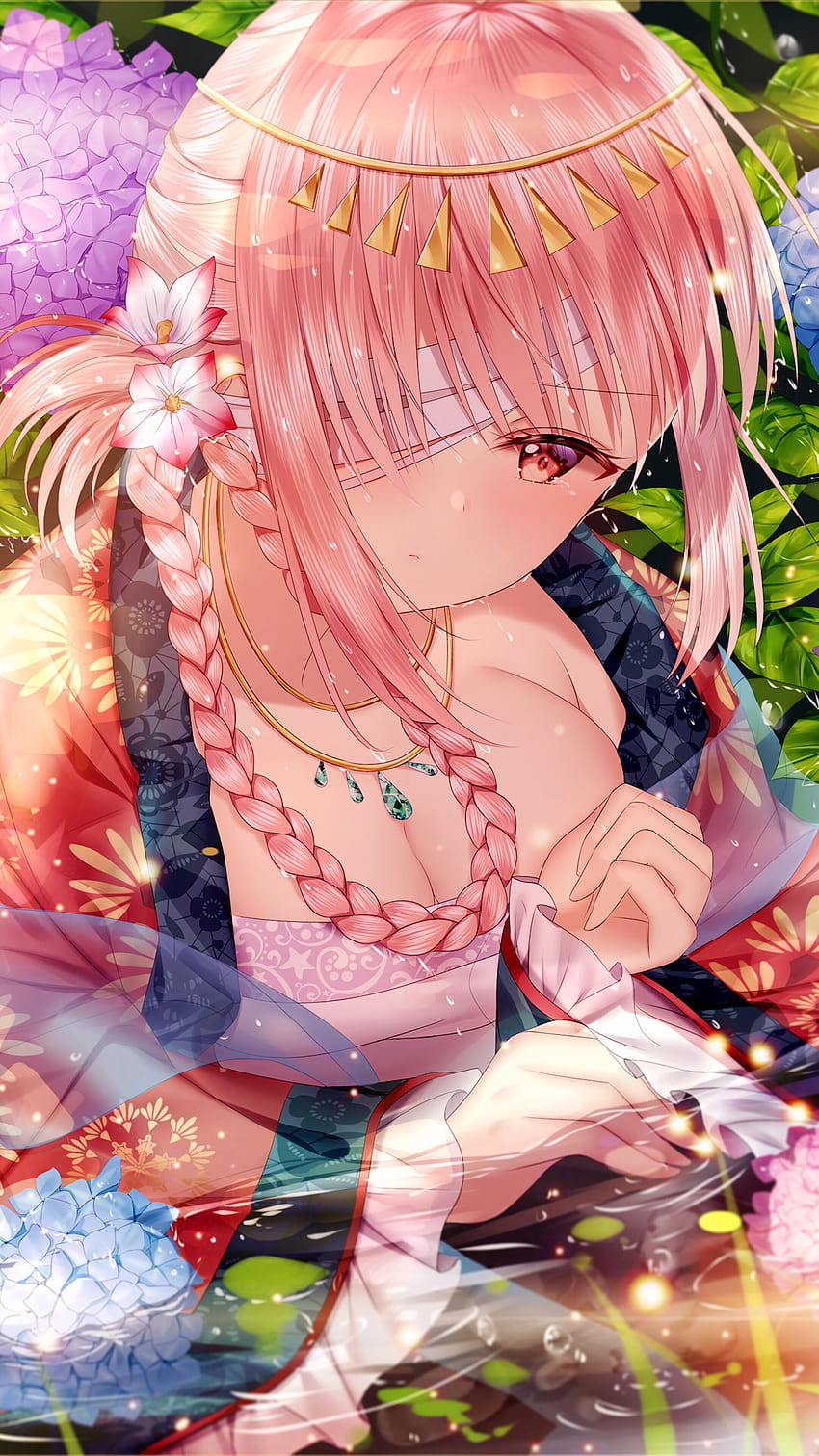 Anime girl, long hair, kimono, moe, cute, gloves, flowers, Anime, HD phone  wallpaper