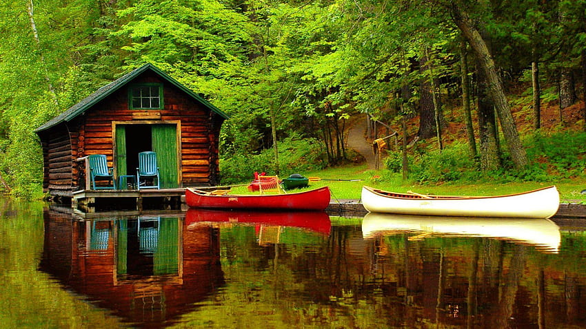 Summer Cabin, river cabins HD wallpaper