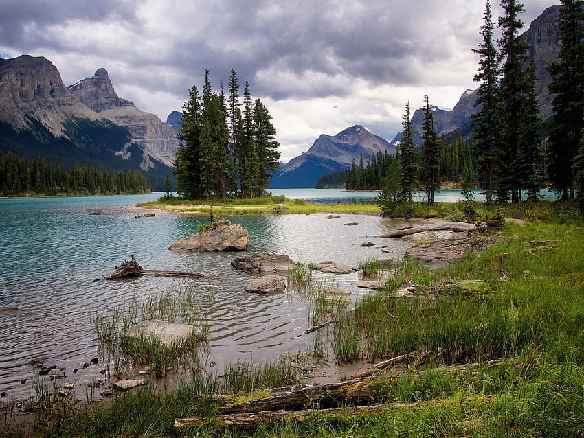 maligne, Lake, Jasper, National, Park, Canada, Lake, Mountains, Trees, Landscape / and Mobile Backgrounds, Maline Lake HD тапет