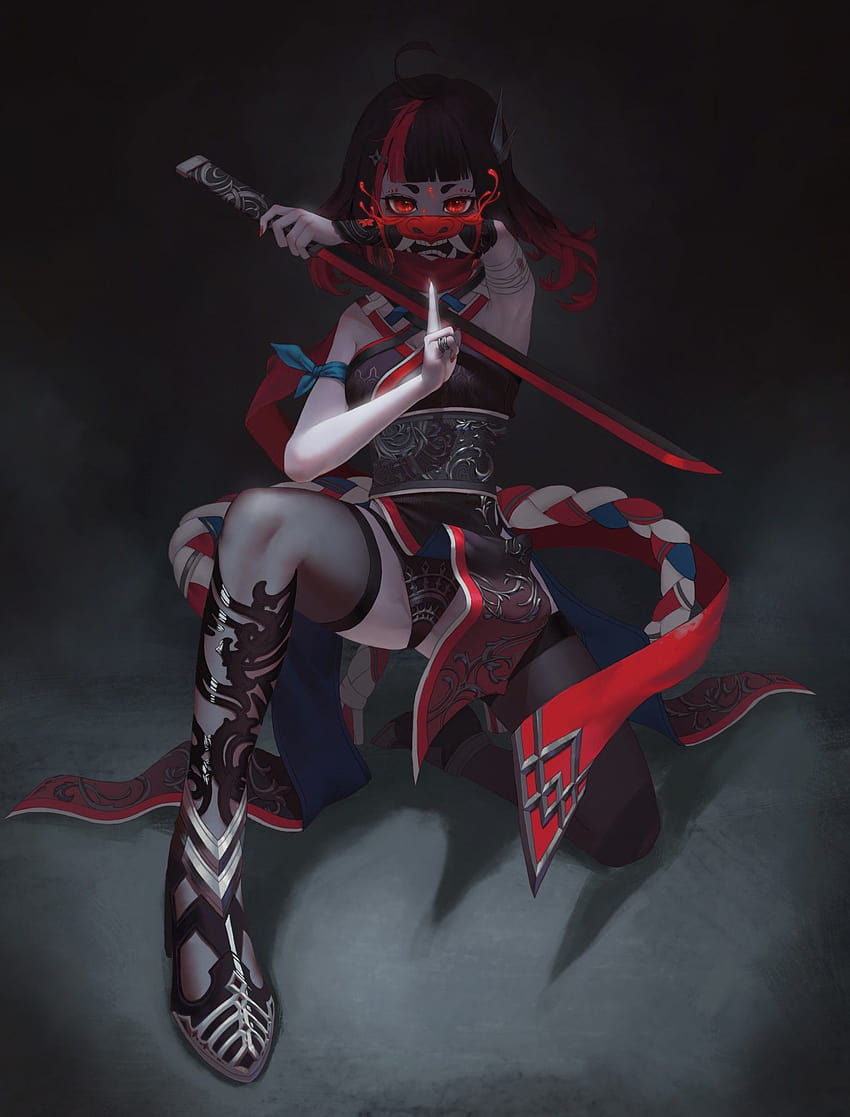 : ninja girl, oni mask, sword, red eyes, artwork, minimalism 3300x4339, oni girl HD phone wallpaper