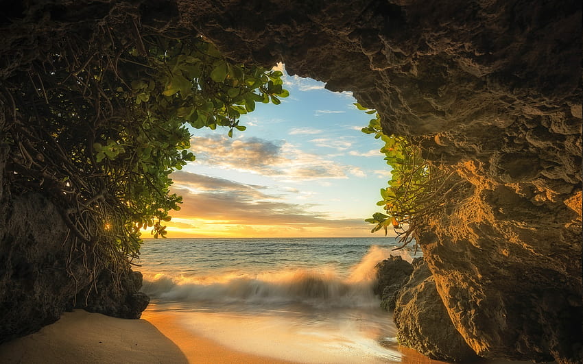 : sunlight, landscape, sunset, water, rock, nature, sand, reflection, sky, clouds, beach, sunrise, evening, shrubs, island, Formation, Maui, tree, sea cave, 2500x1563 px 2500x1563 HD wallpaper