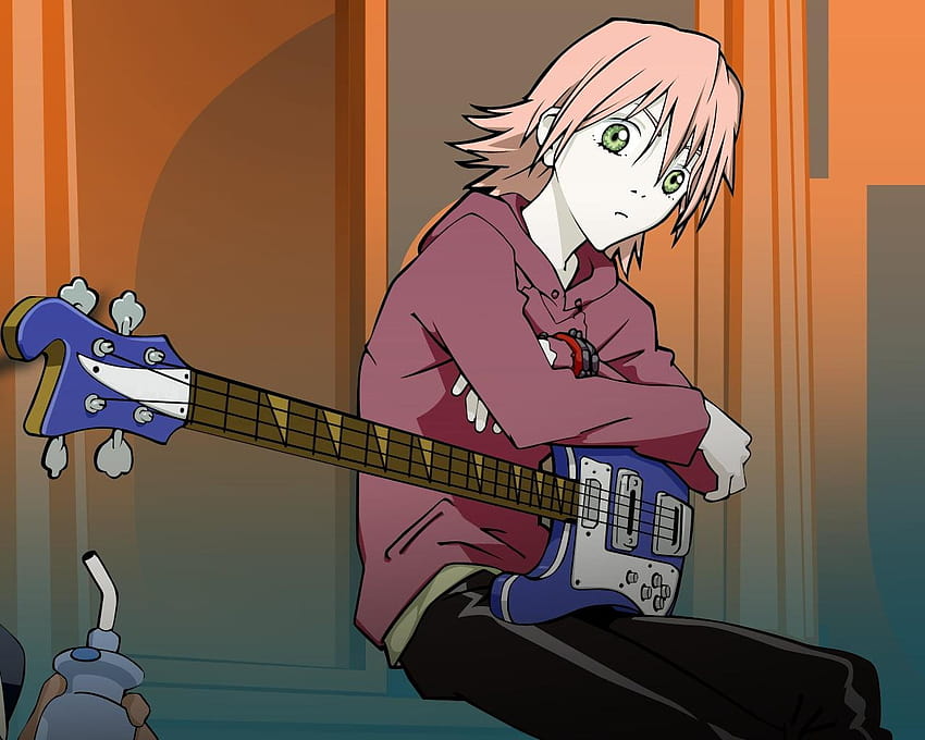 Illustration eines Jungen mit E-Bass-Gitarre, Anime-Junge, der Gitarre spielt HD-Hintergrundbild