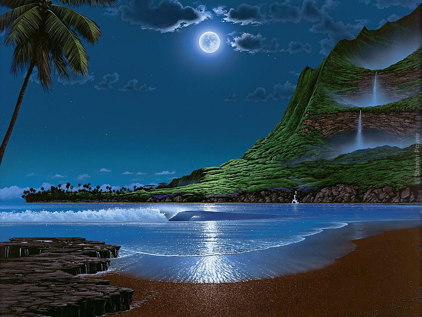 Artistic Digital Art Moon Moonlight ...wallha, waterfall under moonlight HD wallpaper