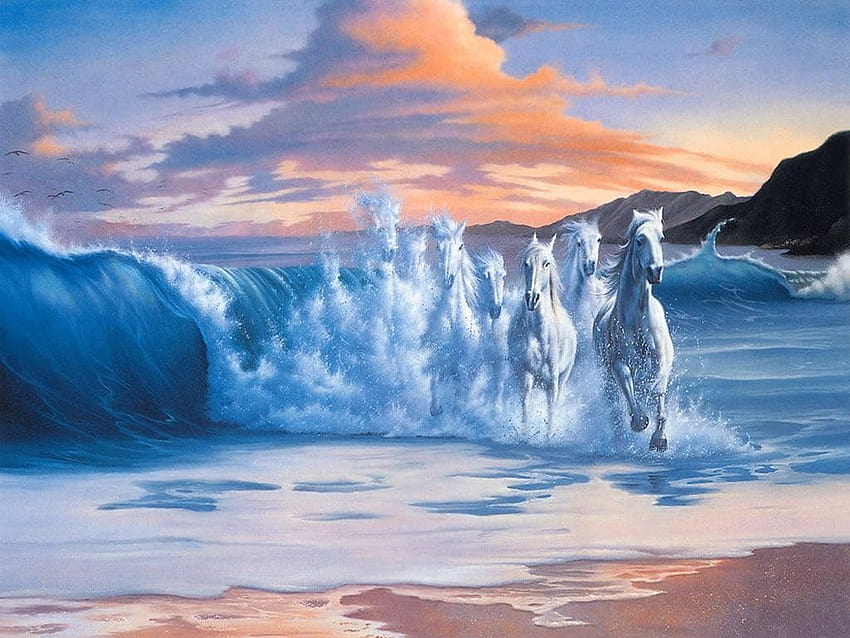 white horses running on the beach painting Horses [1024x768] for your , Mobile & Tablet, ocean painting HD wallpaper