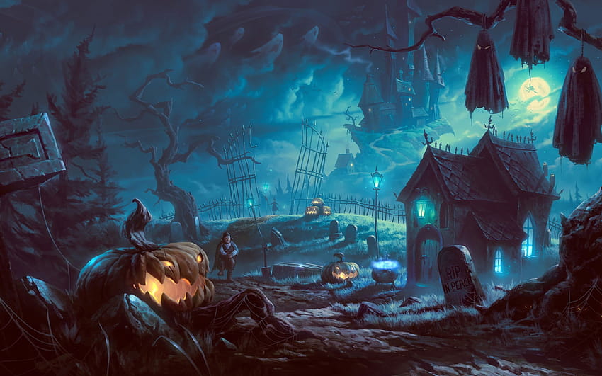 Czarny nawiedzony dom cyfrowy, grafika, sztuka fantasy, Halloween • For You For & Mobile, halloweenowa sztuka cyfrowa Tapeta HD
