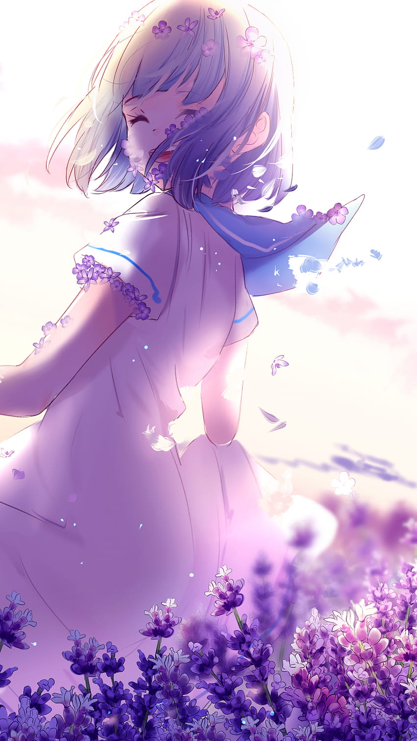 Anime girl, Lavender flowers, Purple, Spring, Anime, anime alone girl ...