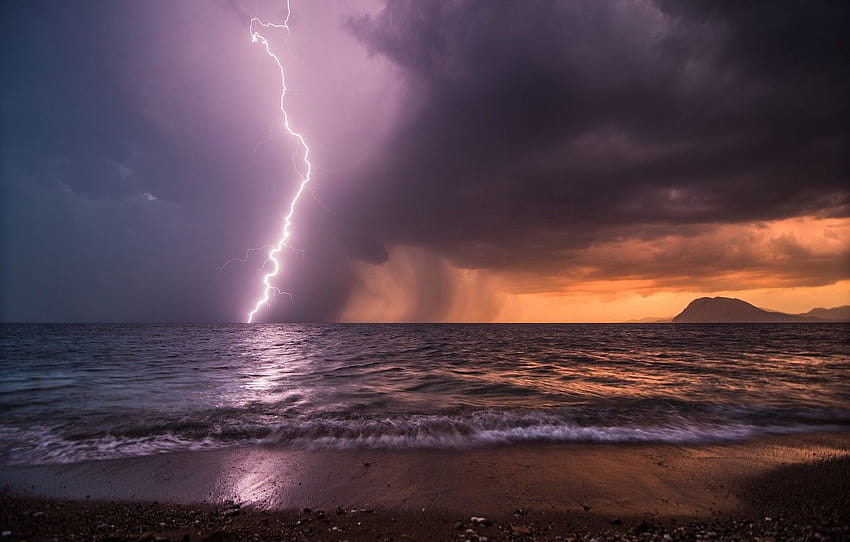 sea, the sky, storm, shore, lightning, the evening, lightning storm palm sky HD wallpaper
