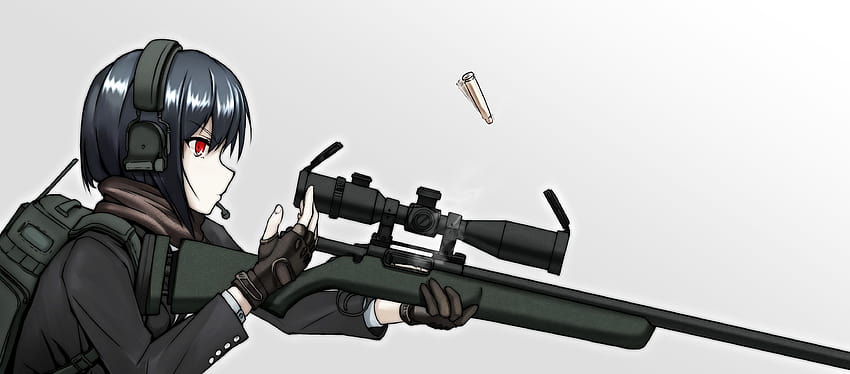 4096x1800 Anime Girl, francotirador, auriculares, vista de perfil, micrófono, soldado, anime sniper girl pics fondo de pantalla