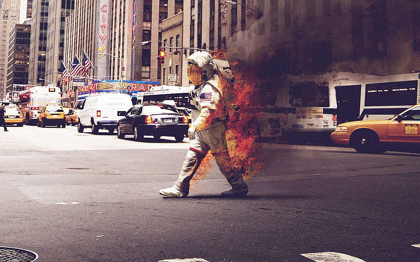 Astronaut on Fire walking down a street :, cosmonaut HD wallpaper