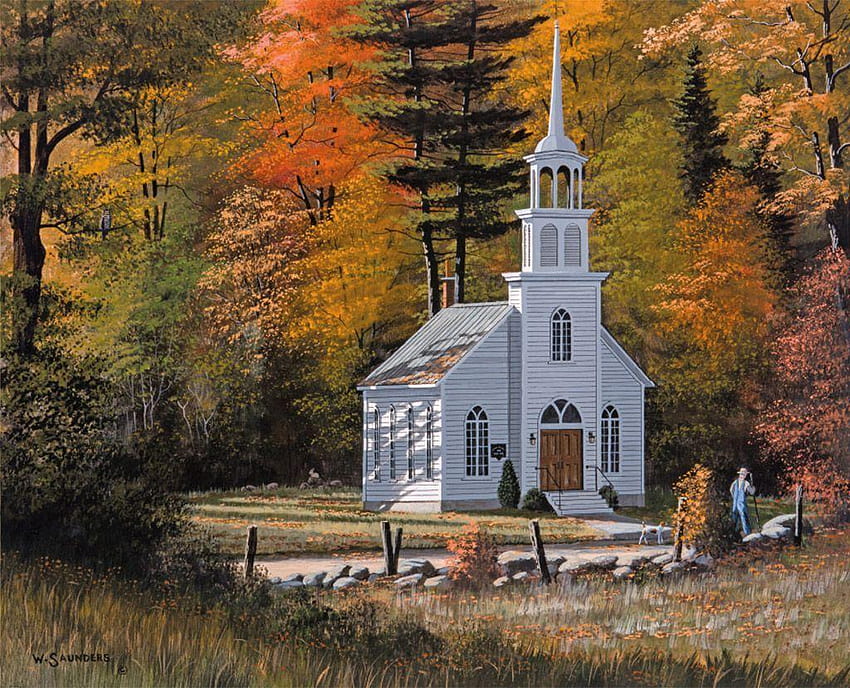 3 田舎の教会、小さな教会の秋 高画質の壁紙