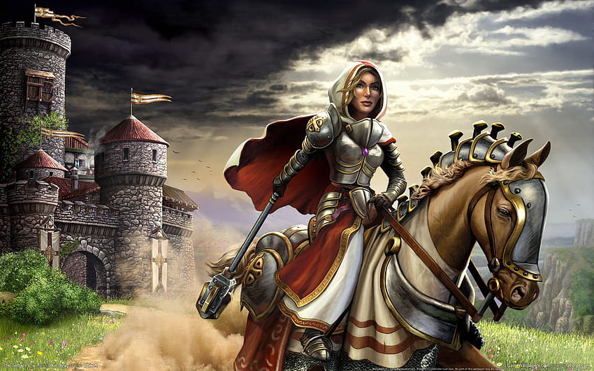 clouds castle horse the settlers rise of an, female knights HD wallpaper