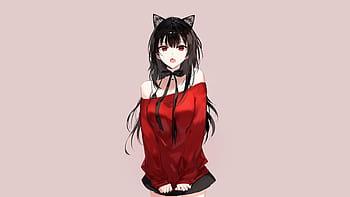 anime girl with dark brown hair and red eyes