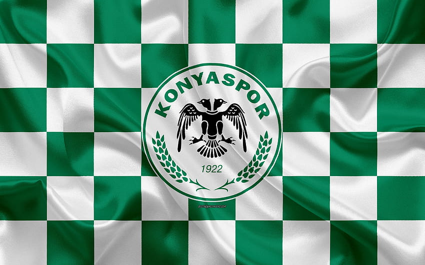 Konyaspor FC, logo, arte creativa, bandiera a scacchi bianco verde, squadra di calcio turca, emblema, trama di seta, Konya, Turchia con risoluzione 3840x2400. Alta qualità Sfondo HD