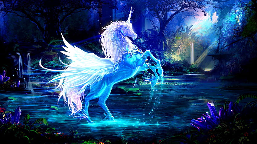 wings, forest, unicorns, sparkles, fantasy art, artwork, sparkle the unicorn HD wallpaper