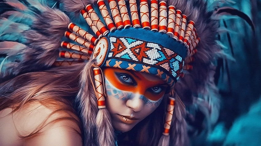 先住民族のネイティブ アメリカンの長い髪、フェザー ガール 高画質の壁紙