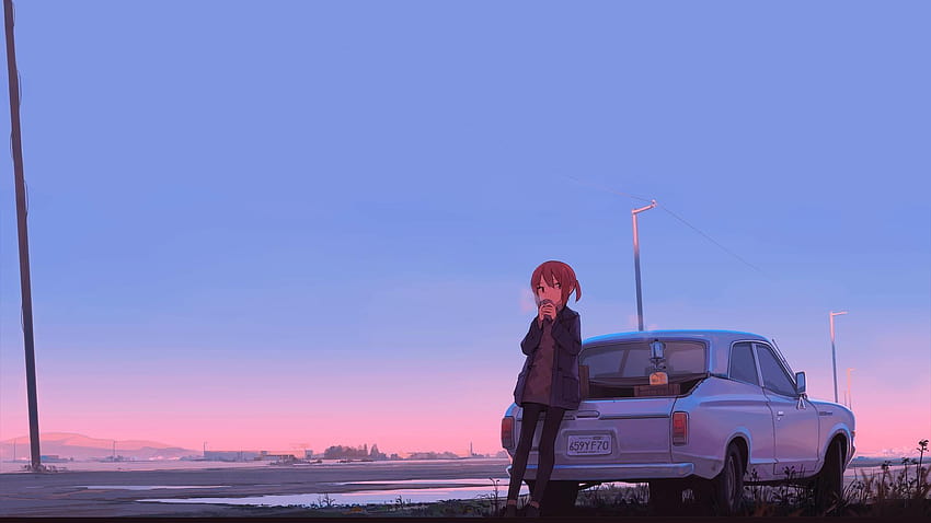 puesta de sol de anime y coche, anime estético horizontal fondo de pantalla