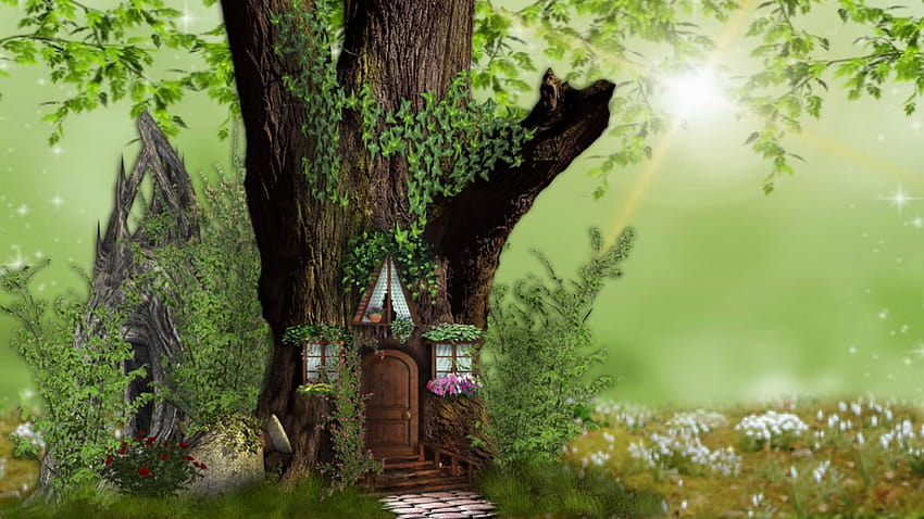 Lasy: Wróżka Dom Natura Domek na drzewie Fantazja Lasy Najlepszy, bajkowy dom Tapeta HD
