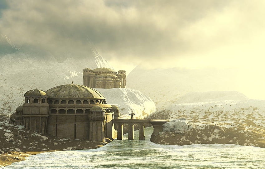 rumah, sungai, langit, air, gunung, awan, salju, dunia Bizantium, bagian фантастика Wallpaper HD