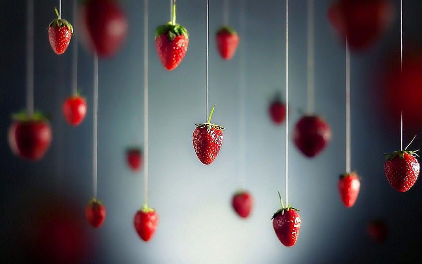 Minimalistic fruits hanging strawberries HD wallpaper