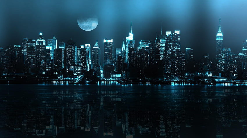 niebieski pejzaż na nocny widok, miasto nocą anime Tapeta HD