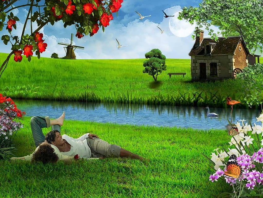 잔디: 사랑 행복한 녹색 아름다움 로맨틱 커플 자연 듀얼 모니터, 낭만적인 자연 배경 HD 월페이퍼